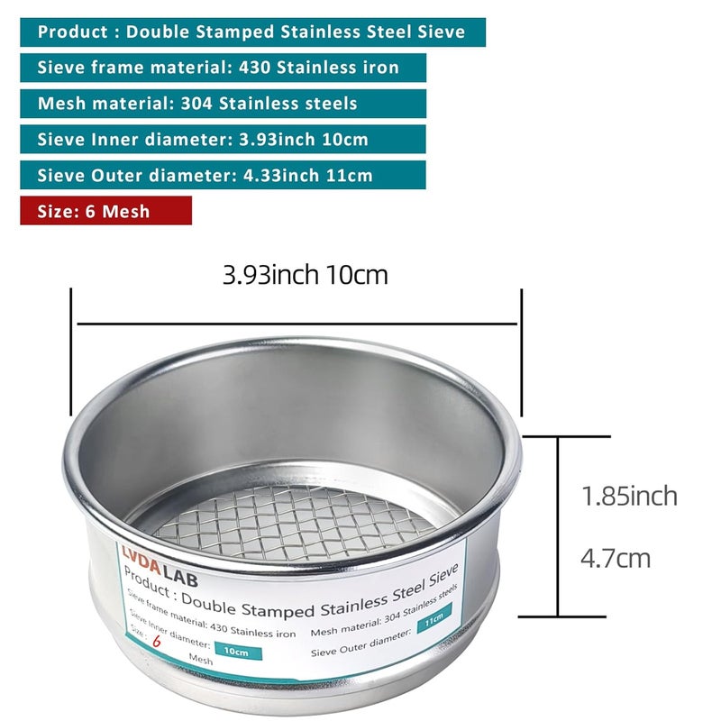 LVDALAB 304 Stainless Steel Mesh Lab Sieve, 6 Mesh(3.5mm) Aperture Test Sieve, 4inch(10cm) Economy Standard Analysis Sample Test Sieves for Industrial Laboratory Homes - Image 2